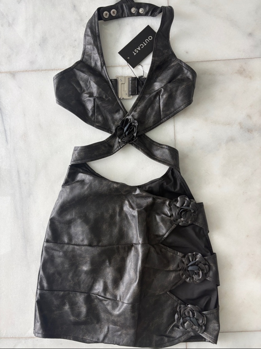 Outcast Black Faux Leather Mini Dress with Floral Accents